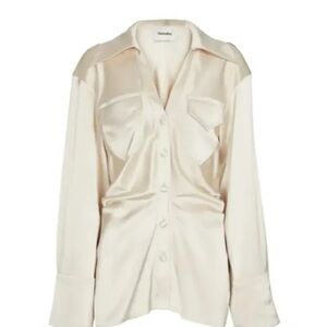 NANUSHKA DARK CHARCOAL GREY SATIN RUCHED BUTTON DOWN BLOUSE